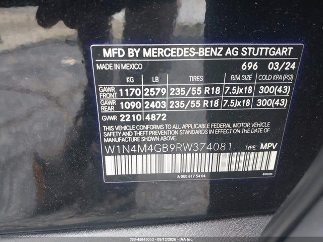 Продажа на аукционе авто 2024 Mercedes-benz Glb 250, vin: W1N4M4GB9RW374081, номер лота: 45845033
