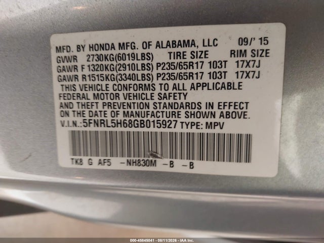 45845041 :رقم المزاد ، 5FNRL5H68GB015927 vin ، 2016 Honda Odyssey Ex-l مزاد بيع
