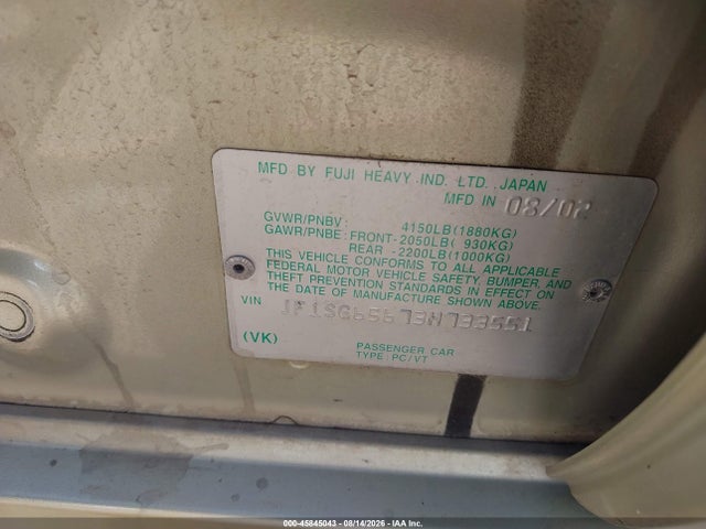Aukcja sprzedaży 2003 Subaru Forester Xs, vin: JF1SG65673H733551, numer aukcji: 45845043