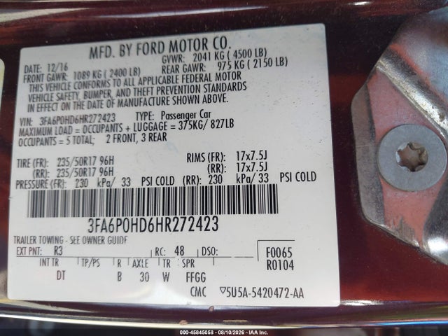 Ford FUSION SE 2017 3FA6P0HD6HR272423 Image 9