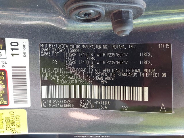 5TDKK3DC1FS682966 Toyota Sienna Le 8 Passenger