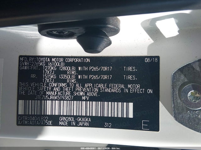 Продаж на аукціоні авто 2019 Toyota 4runner Sr5 Premium, vin: JTEZU5JR6K5193827, номер лоту: 45845081
