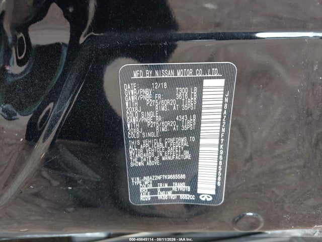 2019 Infiniti Qx80 Luxe მანქანა იყიდება აუქციონზე, vin: JN8AZ2NF7K9685586, აუქციონის ნომერი: 45845114