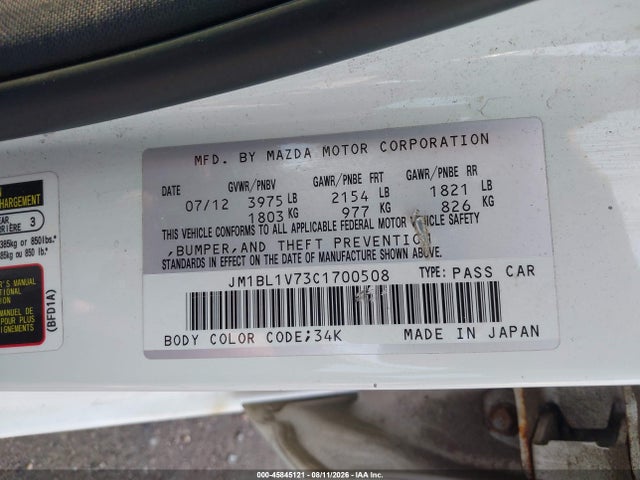 Продаж на аукціоні авто 2012 Mazda Mazda3 I Touring, vin: JM1BL1V73C1700508, номер лоту: 45845121