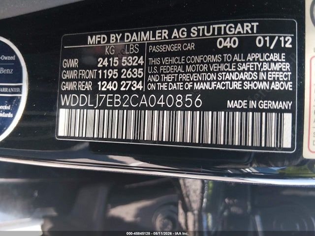 45845128 :رقم المزاد ، WDDLJ7EB2CA040856 vin ، 2012 Mercedes-benz Cls 63 Amg مزاد بيع