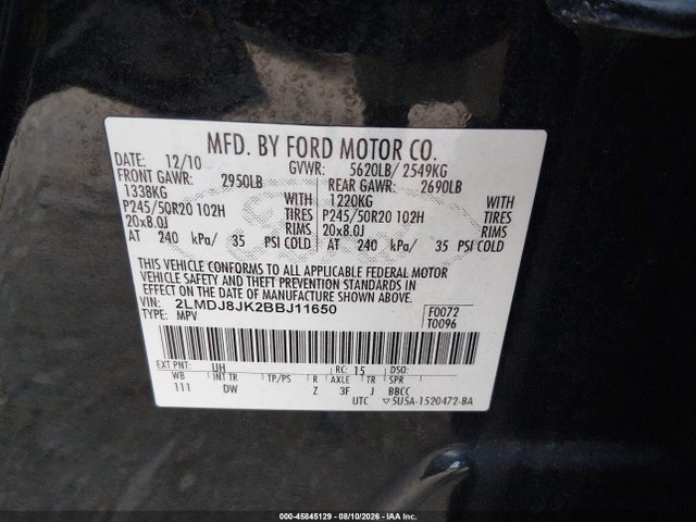 Aukcja sprzedaży 2011 Lincoln Mkx, vin: 2LMDJ8JK2BBJ11650, numer aukcji: 45845129