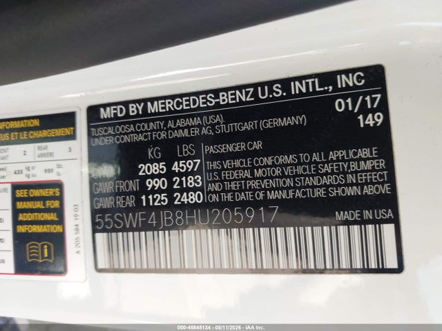 2017 Mercedes-benz C 300 მანქანა იყიდება აუქციონზე, vin: 55SWF4JB8HU205917, აუქციონის ნომერი: 45845134