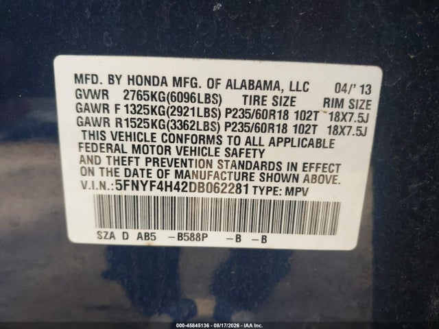 45845136 :رقم المزاد ، 5FNYF4H42DB062281 vin ، 2013 Honda Pilot Ex مزاد بيع