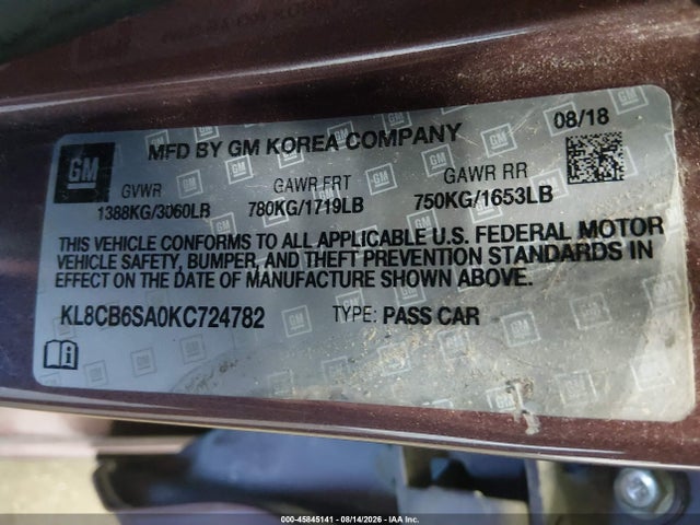 45845141 :رقم المزاد ، KL8CB6SA0KC724782 vin ، 2019 Chevrolet Spark Ls Cvt مزاد بيع