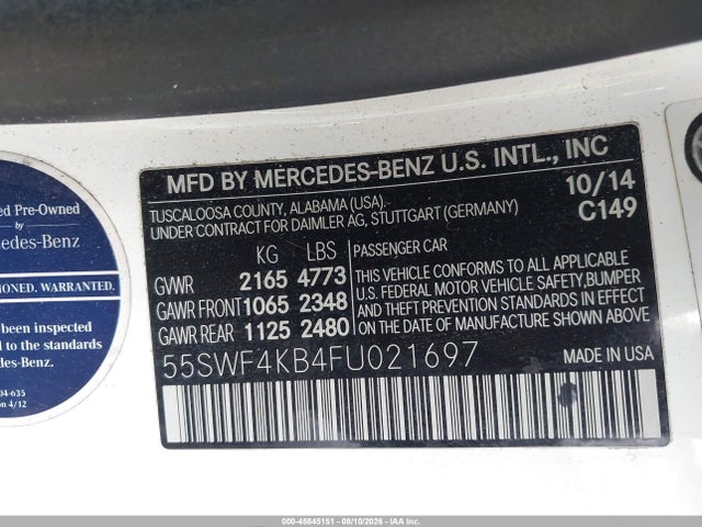 45845151 :رقم المزاد ، 55SWF4KB4FU021697 vin ، 2015 Mercedes-benz C 300 4matic مزاد بيع