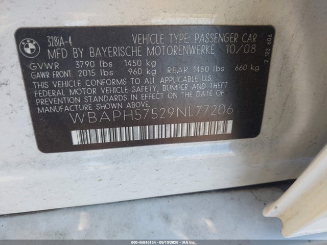45845154 :رقم المزاد ، WBAPH57529NL77206 vin ، 2009 Bmw 328i مزاد بيع