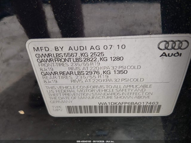Aukcja sprzedaży 2011 Audi Q5 3.2 Premium Plus, vin: WA1DKAFP6BA017463, numer aukcji: 45845165