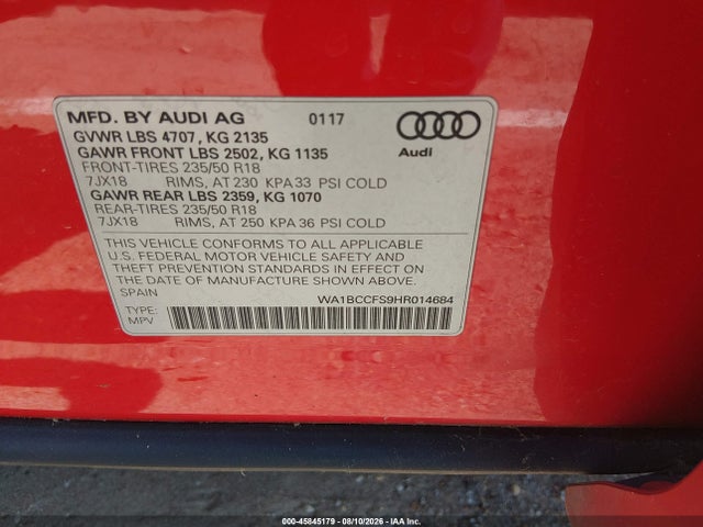 Продажа на аукционе авто 2017 Audi Q3 2.0t Premium, vin: WA1BCCFS9HR014684, номер лота: 45845179