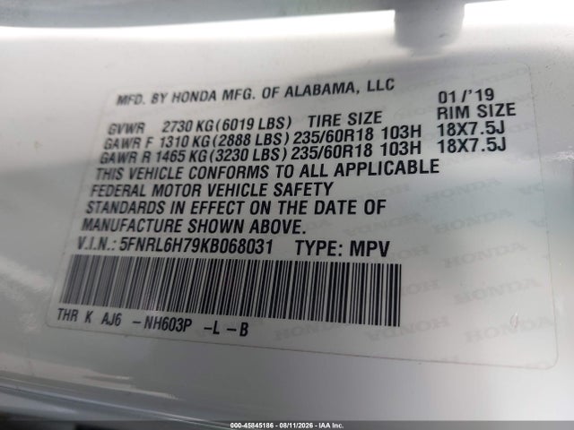 5FNRL6H79KB068031 Honda Odyssey Ex-l