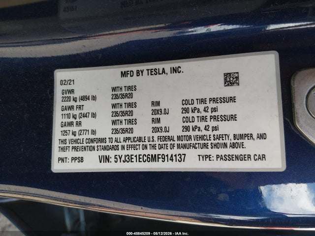 2021 Tesla Model 3 Performance Dual Motor All-wheel Drive მანქანა იყიდება აუქციონზე, vin: 5YJ3E1EC6MF914137, აუქციონის ნომერი: 45845209
