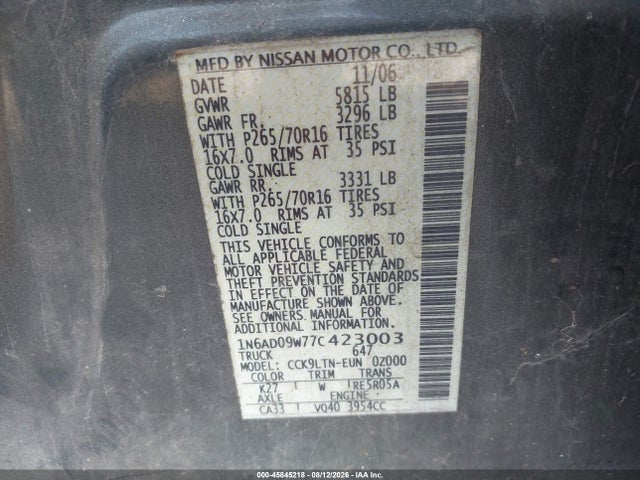 2007 Nissan Frontier Se მანქანა იყიდება აუქციონზე, vin: 1N6AD09W77C423003, აუქციონის ნომერი: 45845218