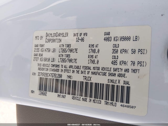 Aukcja sprzedaży 2007 Dodge Ram 2500 Slt/sport, vin: 3D7KR28C47G761280, numer aukcji: 45845227