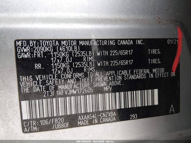 45845233 :رقم المزاد ، 2T3F1RFV3MW172605 vin ، 2021 Toyota Rav4 Le مزاد بيع