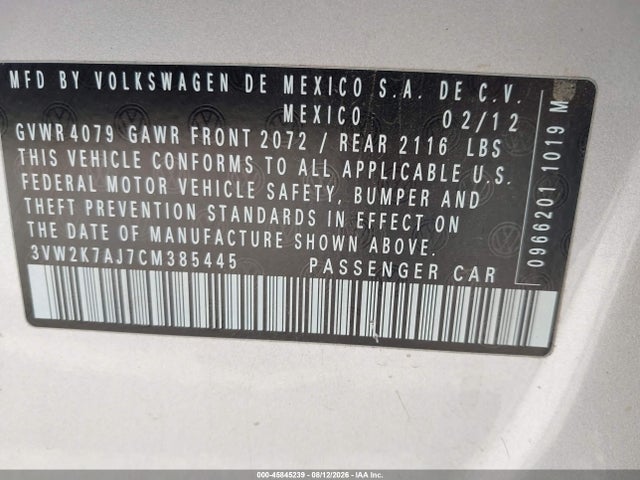 Продаж на аукціоні авто 2012 Volkswagen Jetta 2.0l S, vin: 3VW2K7AJ7CM385445, номер лоту: 45845239
