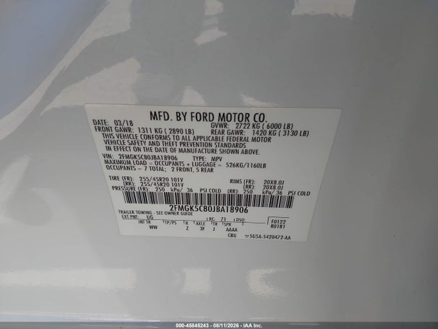 Продаж на аукціоні авто 2018 Ford Flex Sel, vin: 2FMGK5C80JBA18906, номер лоту: 45845243