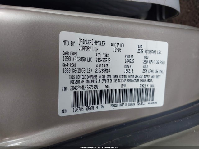 2006 Dodge Grand Caravan Sxt მანქანა იყიდება აუქციონზე, vin: 2D4GP44L46R754901, აუქციონის ნომერი: 45845247