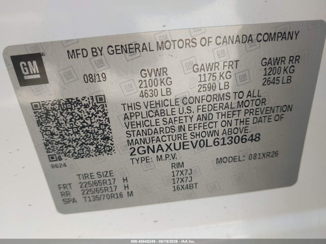 45845249 :رقم المزاد ، 2GNAXUEV0L6130648 vin ، 2020 Chevrolet Equinox Awd Lt 1.5l Turbo مزاد بيع