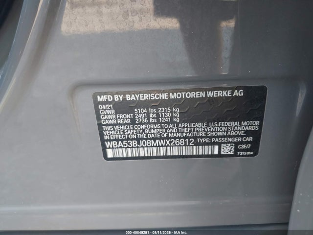 Aukcja sprzedaży 2021 Bmw 540i, vin: WBA53BJ08MWX26812, numer aukcji: 45845251