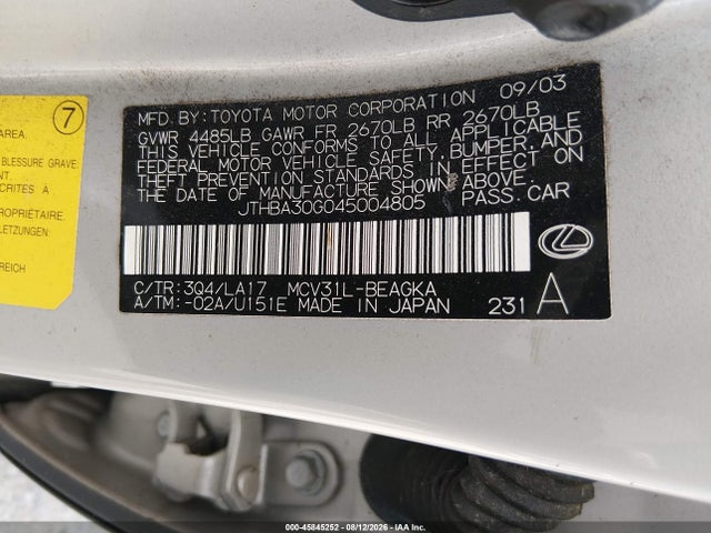 2004 Lexus Es 330 მანქანა იყიდება აუქციონზე, vin: JTHBA30G045004805, აუქციონის ნომერი: 45845252