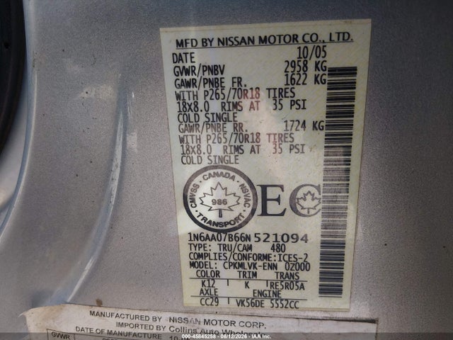 45845258 :رقم المزاد ، 1N6AA07B66N521094 vin ، 2006 Nissan Titan Le مزاد بيع