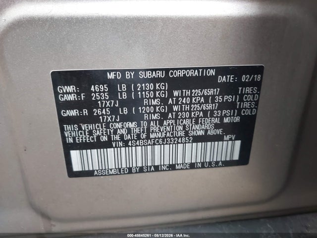 Продаж на аукціоні авто 2018 Subaru Outback 2.5i Premium, vin: 4S4BSAFC6J3324852, номер лоту: 45845261