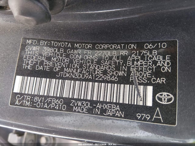 45845267 :رقم المزاد ، JTDKN3DU9A1229846 vin ، 2010 Toyota Prius Ii مزاد بيع