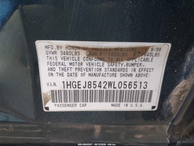 45845287 :رقم المزاد ، 1HGEJ8542WL056513 vin ، 1998 Honda Civic Ex مزاد بيع