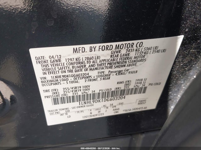 Auction sale of the 2013 Lincoln Mks, vin: 1LNHL9DK1DG603204, lot number: 45845288