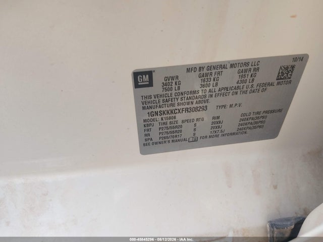 45845296 :رقم المزاد ، 1GNSKKKCXFR308293 vin ، 2015 Chevrolet Suburban Ltz مزاد بيع