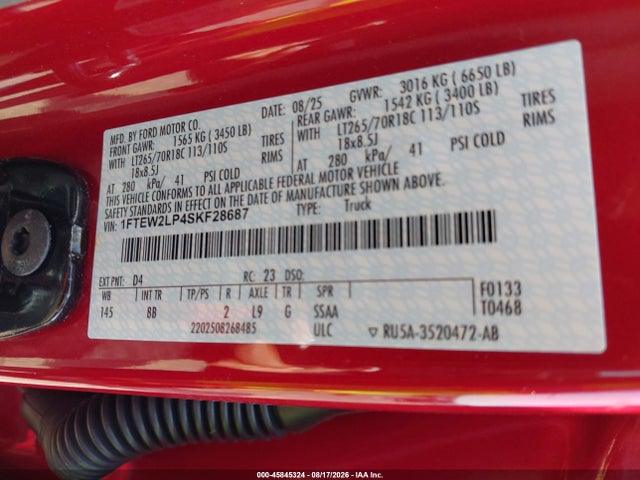 45845324 :رقم المزاد ، 1FTEW2LP4SKF28687 vin ، 2025 Ford F-150 Stx مزاد بيع