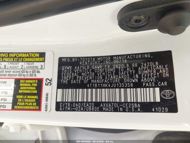 Aukcja sprzedaży 2018 Toyota Camry Se, vin: 4T1B11HK4JU135358, numer aukcji: 45845329