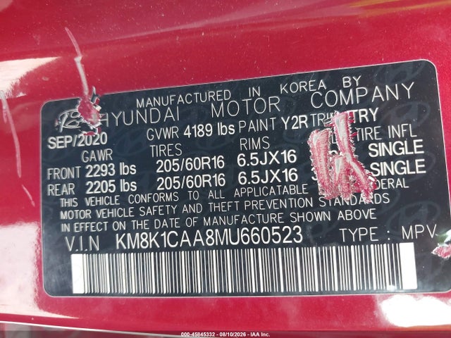 Продаж на аукціоні авто 2021 Hyundai Kona Se, vin: KM8K1CAA8MU660523, номер лоту: 45845332