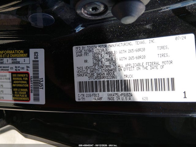 2024 Toyota Tundra Sr5 მანქანა იყიდება აუქციონზე, vin: 5TFLA5DB0RX222061, აუქციონის ნომერი: 45845347