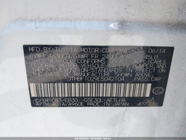 Aukcja sprzedaży 2014 Lexus Is 250, vin: JTHBF1D29E5042104, numer aukcji: 45845359