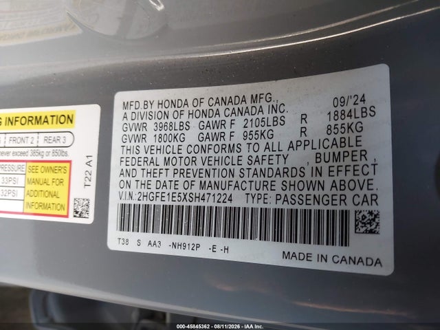 2HGFE1E5XSH471224 Honda Civic Si Base W/high Performance Summer Tires/