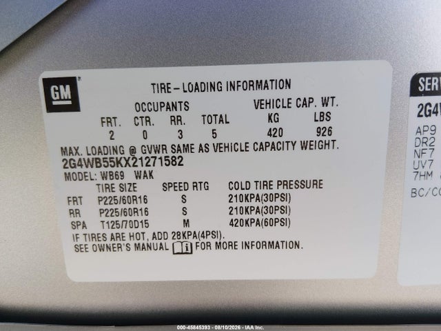 45845393 :رقم المزاد ، 2G4WB55KX21271582 vin ، 2002 Buick Regal Ls مزاد بيع