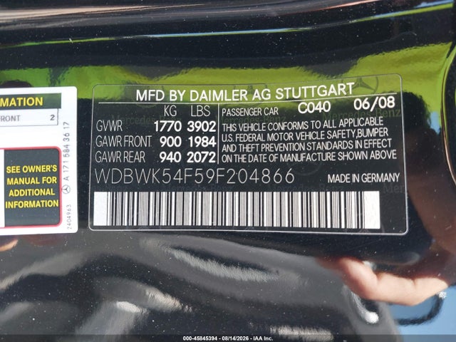 2009 Mercedes-benz Slk 300 მანქანა იყიდება აუქციონზე, vin: WDBWK54F59F204866, აუქციონის ნომერი: 45845394