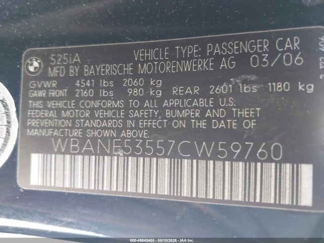 Продаж на аукціоні авто 2007 Bmw 525i, vin: WBANE53557CW59760, номер лоту: 45845405