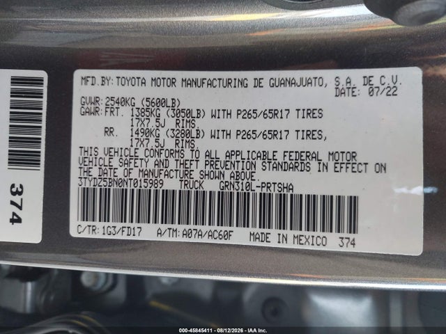 Продажа на аукционе авто 2022 Toyota Tacoma Trd Sport, vin: 3TYDZ5BN0NT015989, номер лота: 45845411