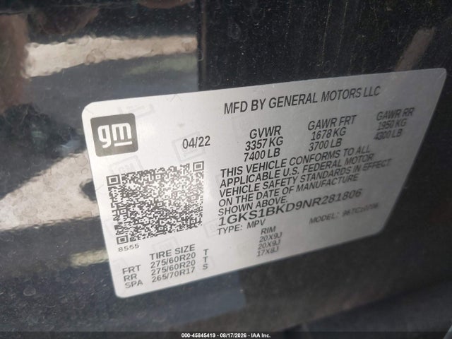 Продажа на аукционе авто 2022 Gmc Yukon 2wd Slt, vin: 1GKS1BKD9NR281806, номер лота: 45845419