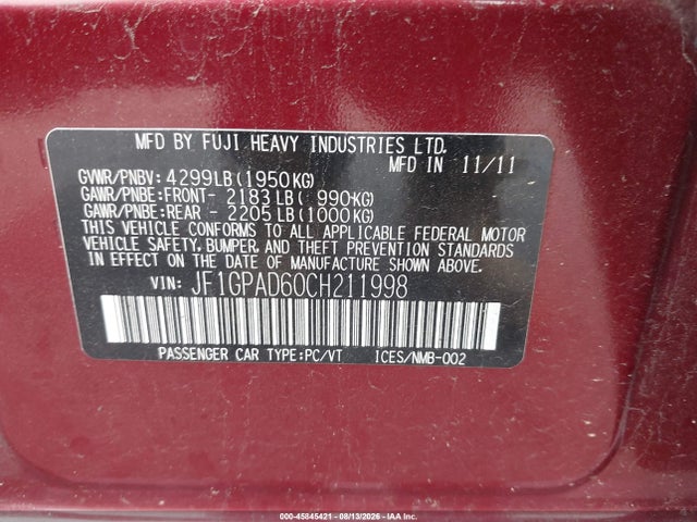 45845421 :رقم المزاد ، JF1GPAD60CH211998 vin ، 2012 Subaru Impreza 2.0i Premium مزاد بيع