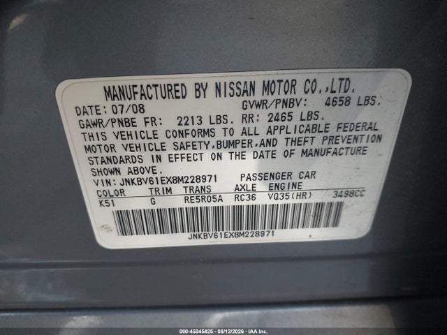 Продаж на аукціоні авто 2008 Infiniti G35 Journey, vin: JNKBV61EX8M228971, номер лоту: 45845425