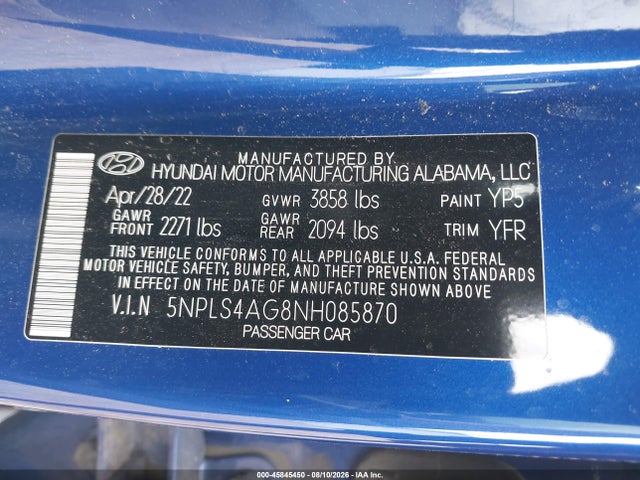 Продажа на аукционе авто 2022 Hyundai Elantra Sel, vin: 5NPLS4AG8NH085870, номер лота: 45845450
