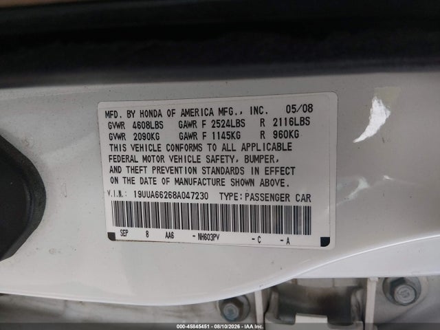 Aukcja sprzedaży 2008 Acura Tl 3.2, vin: 19UUA66268A047230, numer aukcji: 45845451