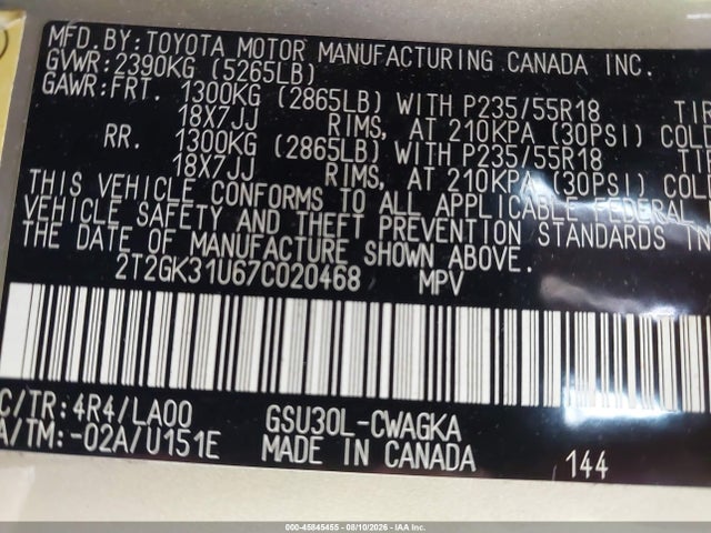 45845455 :رقم المزاد ، 2T2GK31U67C020468 vin ، 2007 Lexus Rx 350 مزاد بيع